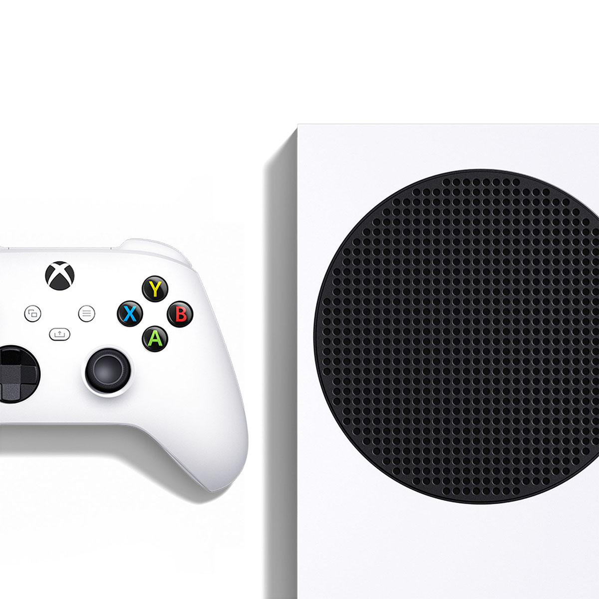 Eine Xbox Series S Konsole mit weißem Controller, Nahaufnahme.