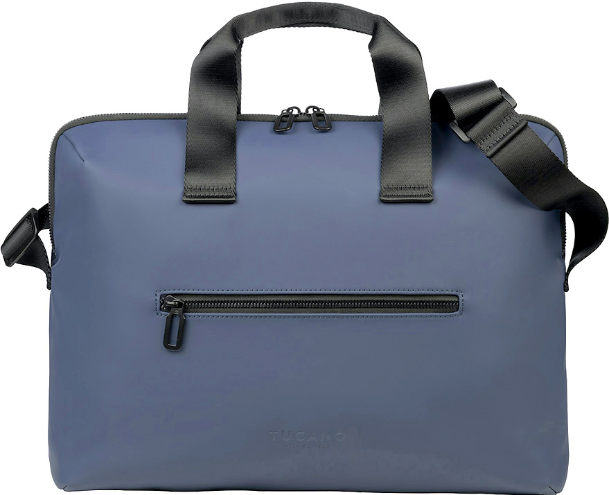 Eine blaue Laptoptasche mit Griffen, Schulterriemen und zwei Reißverschlüssen, vor weißem Hintergrund.