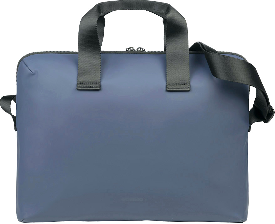 Blaue Laptoptasche mit dunkelgrauem Griff und Riemen.