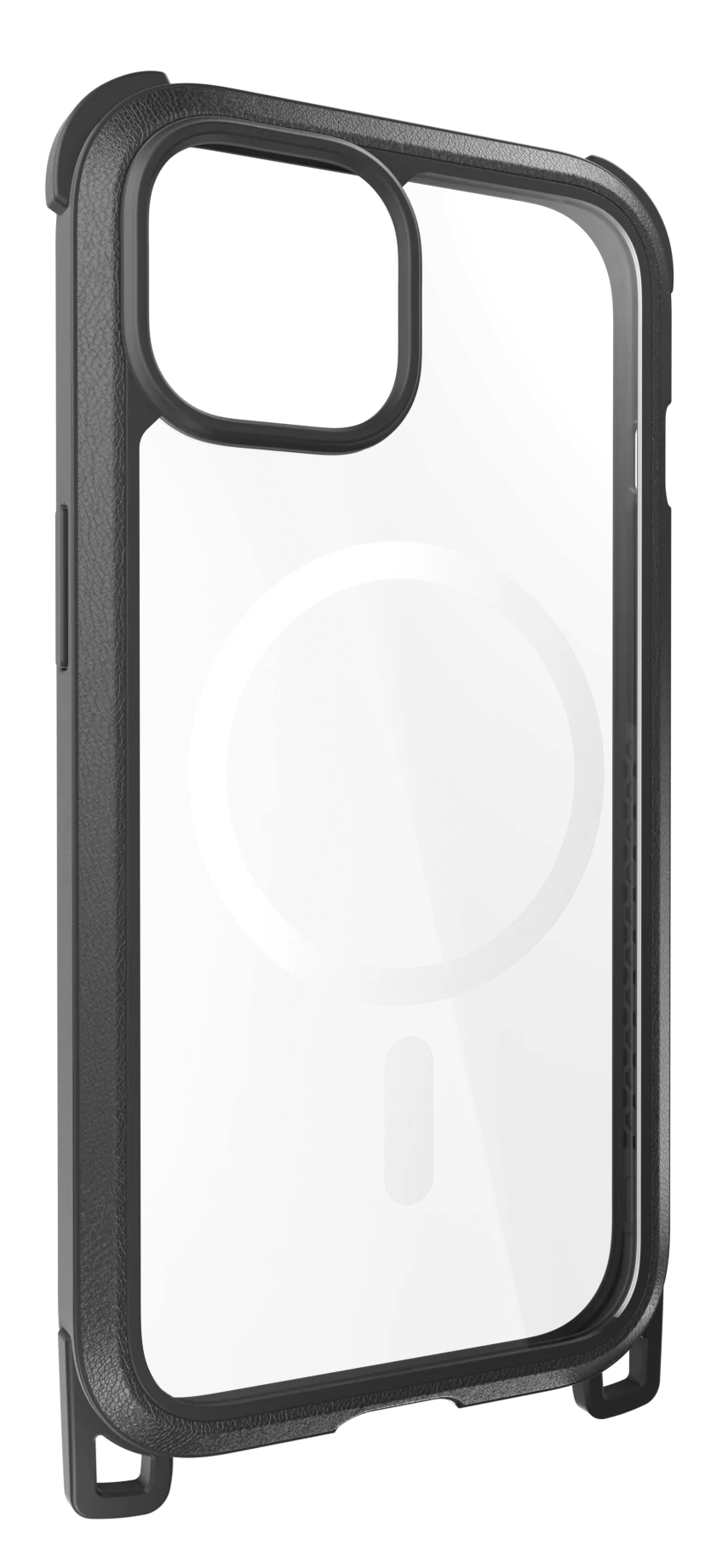 Fekete iPhone tok átlátszó háttal és mágnesgyűrűvel. A védő kialakítás látható.