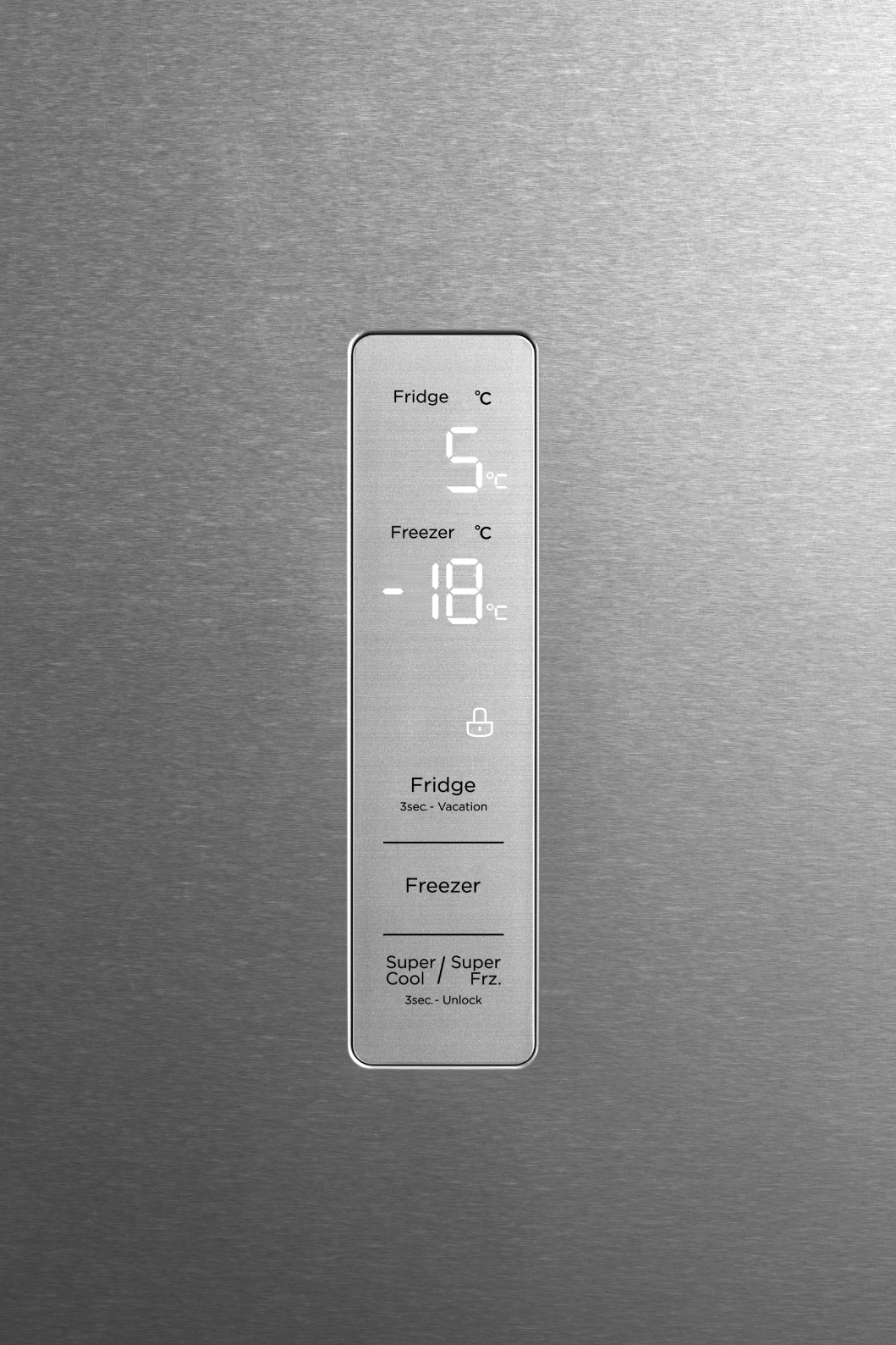Panel de control del refrigerador muestra 5°C en nevera, -18°C en congelador e icono de candado.