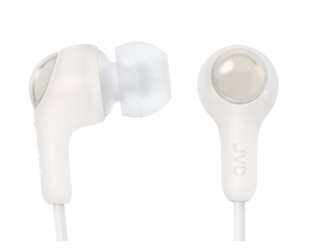 Auriculares blancos sobre fondo negro. Logotipo de JVC visible en un auricular.
