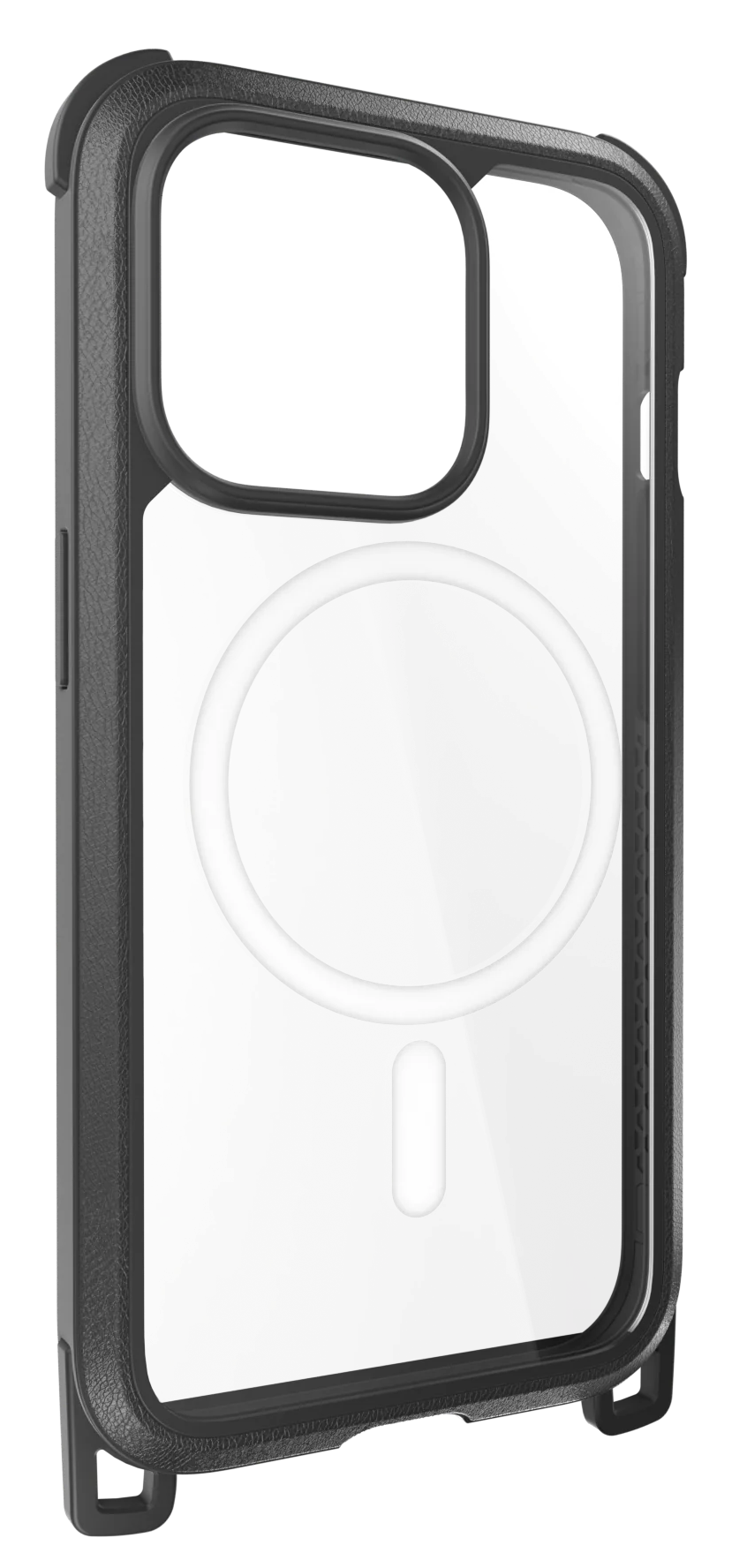 Egy telefontok fekete kerettel és átlátszó hátlappal, fehér kör részlettel.