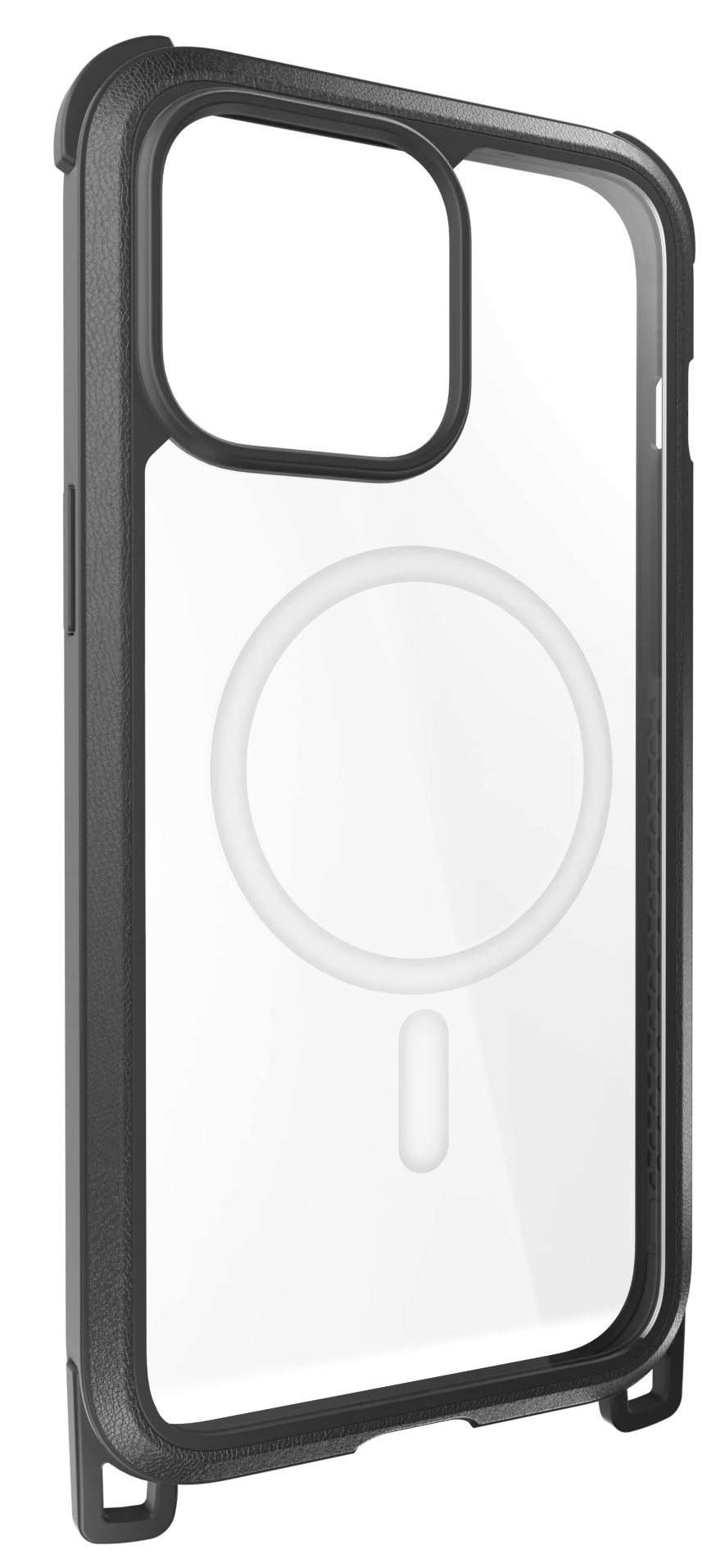 Átlátszó telefontok fekete kerettel és fehér, kör alakú MagSafe-fel.