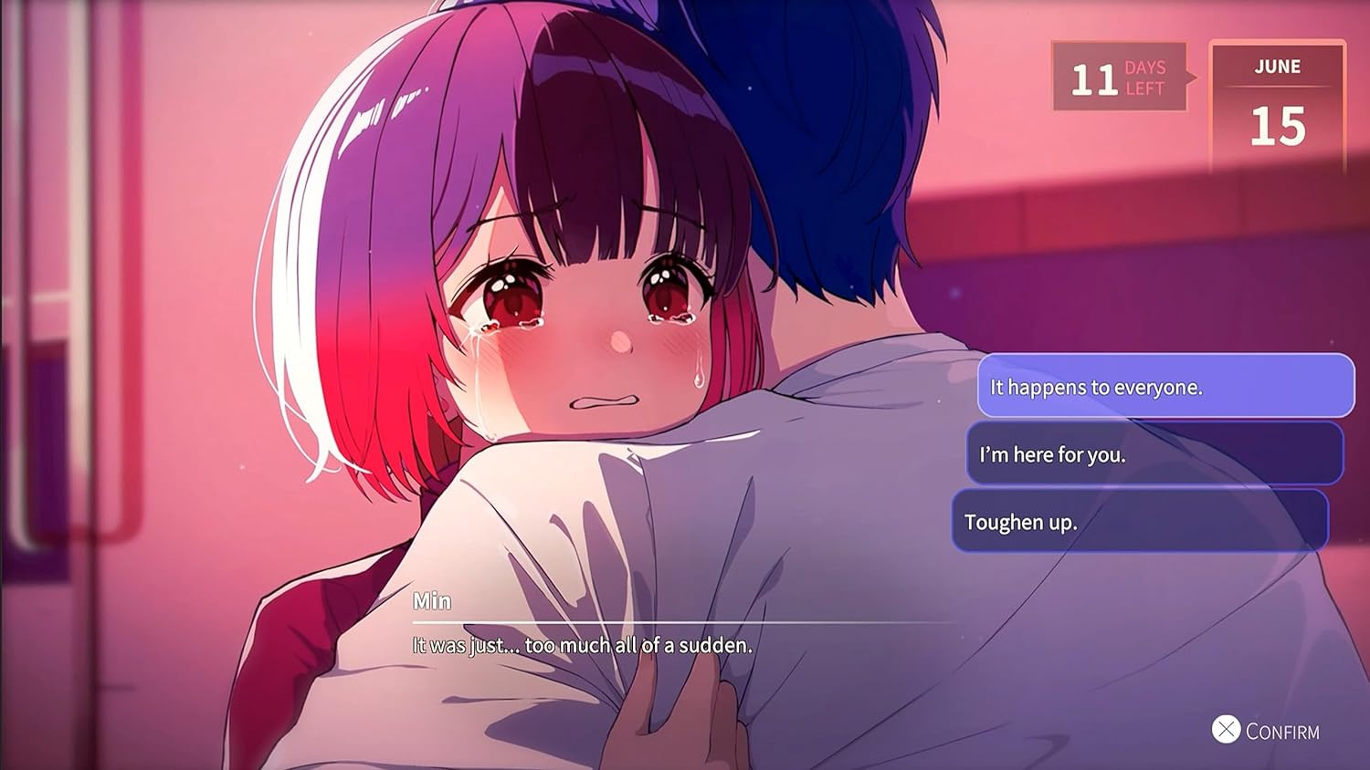Chica anime, pelirroja, llora y es abrazada por un hombre, con opciones de diálogo en pantalla.