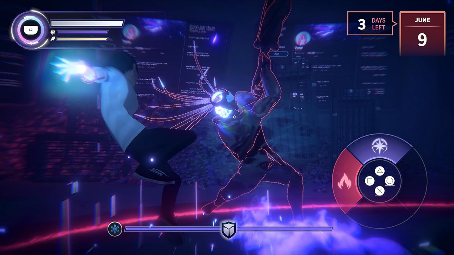 Escena de videojuego con un personaje luchando contra un monstruo. Los elementos HUD son visibles.