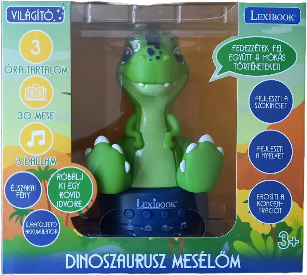 LEXIBOOK Magyar nyelvű Mesemondó Dínó 3D-s színváltós éjjeli lámpa, 17 cm magas (LEX-STN03ANXHU)