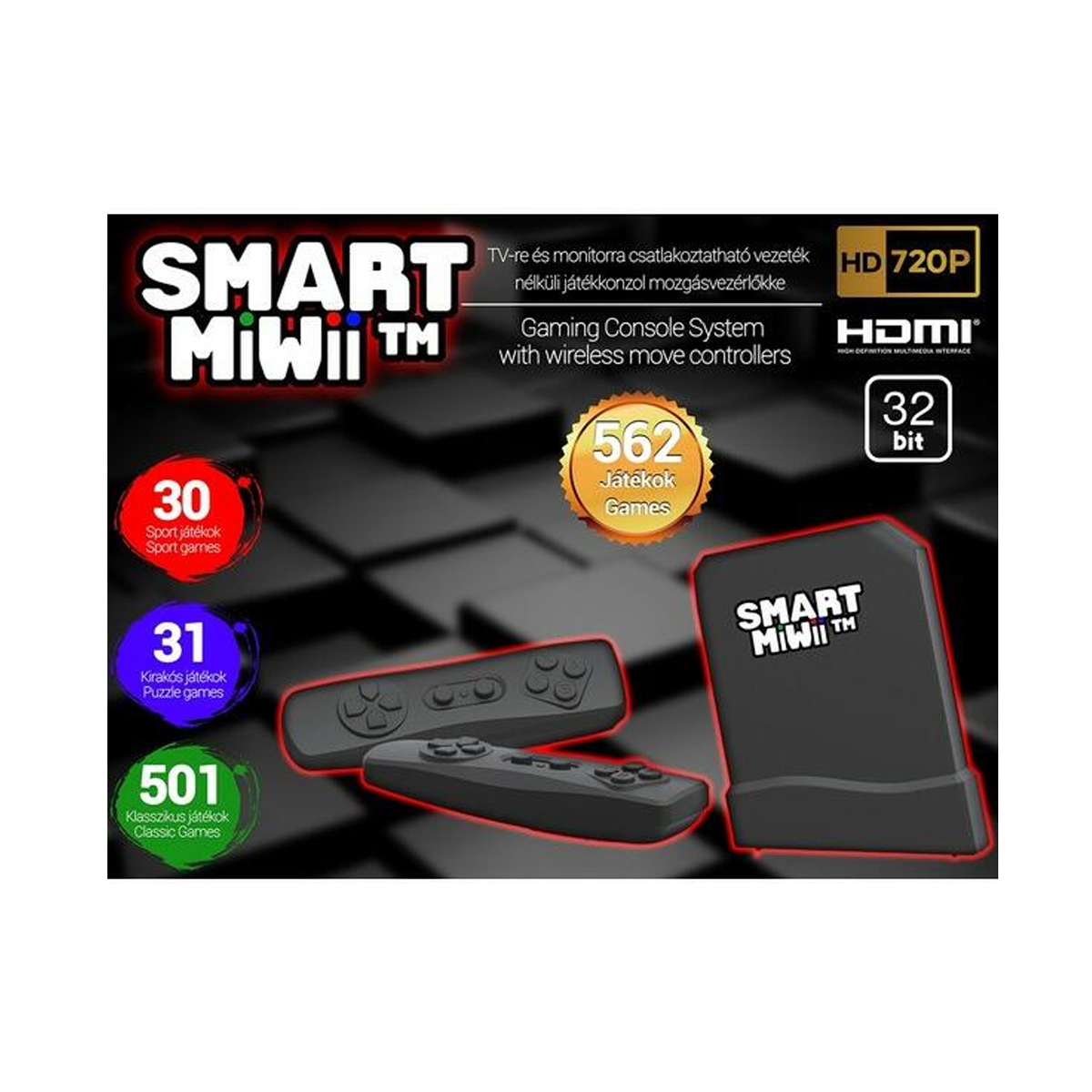Játékkonzol vezeték nélküli mozgásvezérlőkkel, 562 játékkal, és a Smart MiWii felirattal.