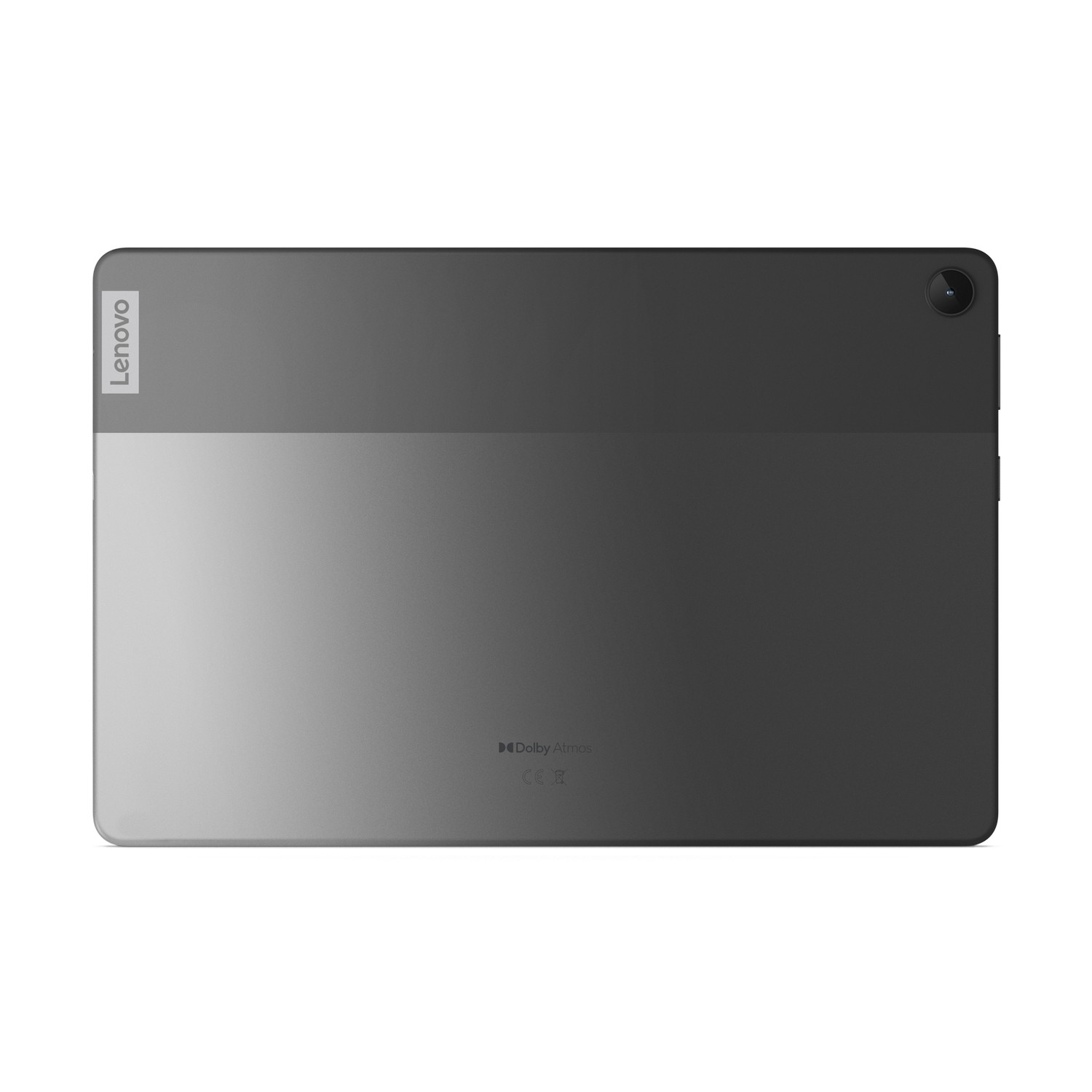 Parte trasera de una tableta Lenovo, gris oscuro, con lente de cámara y logotipo Lenovo plateado.