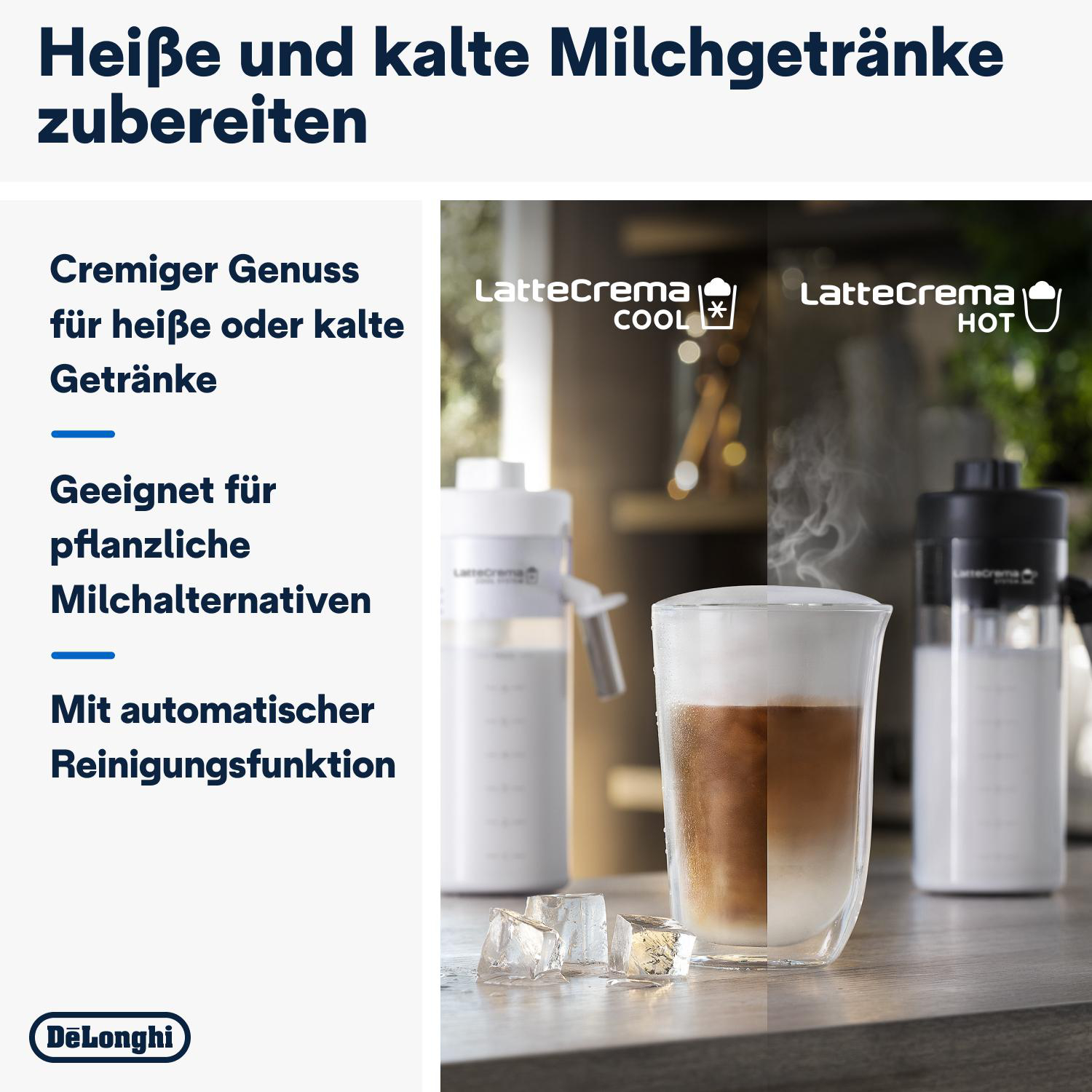 Produktbild eines Delonghi Milchaufschäumers. Enthält Text und Bilder von heißen und kalten Milchgetränken.