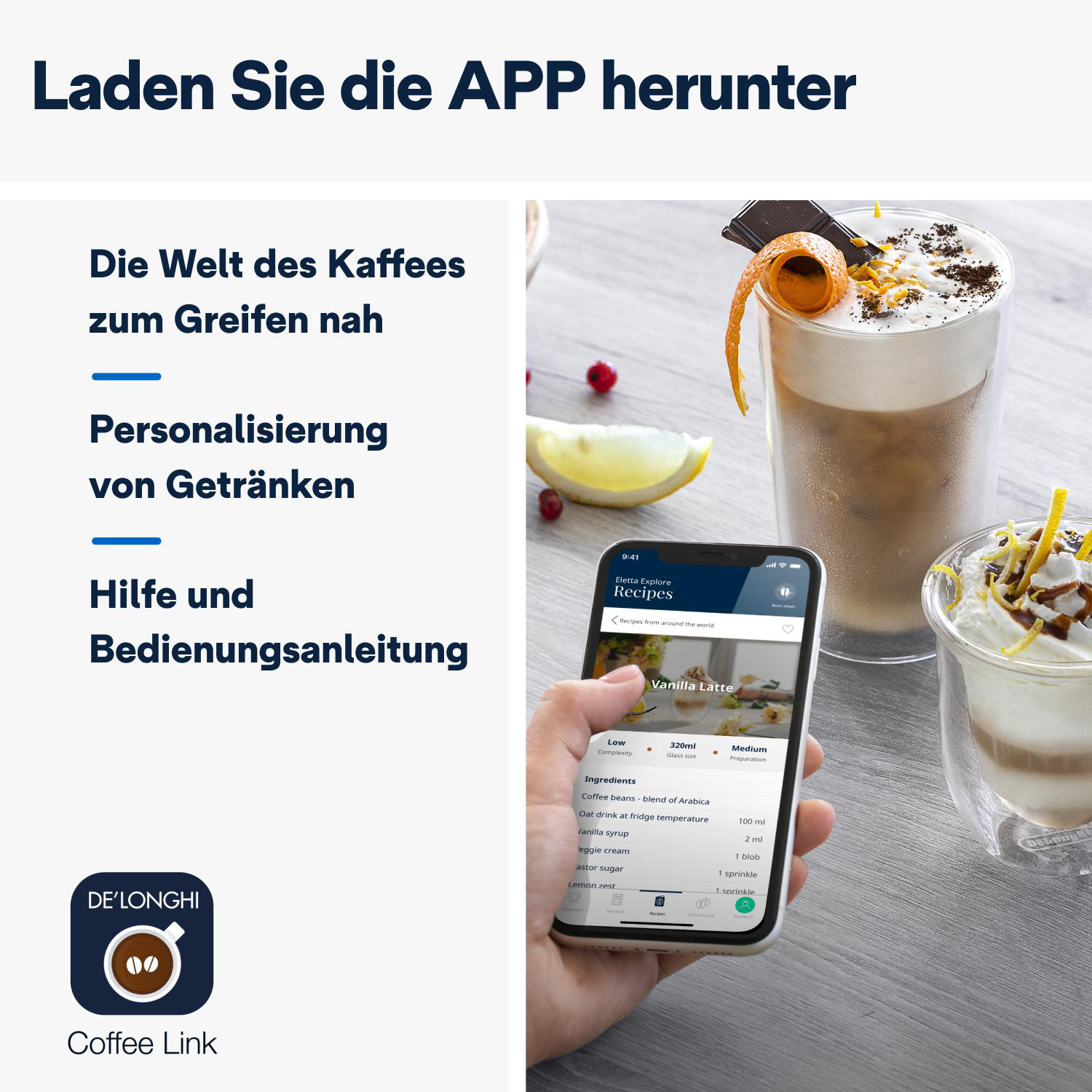 Person hält Telefon mit Kaffee und Desserts.