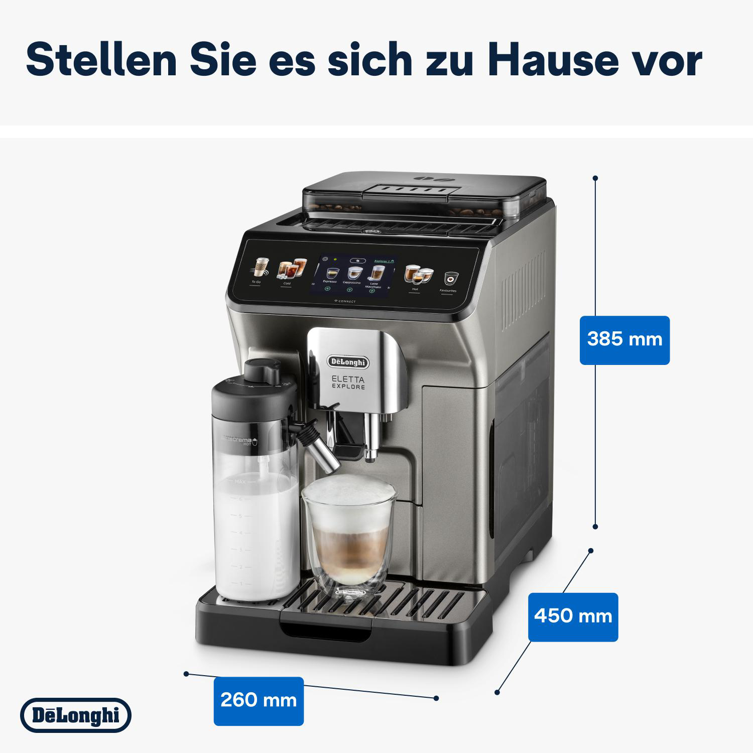 Eine Kaffeemaschine mit Milchbehälter und Kaffeeglas. Abmessungen werden angezeigt. Silber und Schwarz.