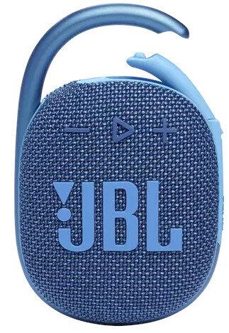 Niebieski głośnik JBL Clip 4 z karabińczykiem, na białym tle.
