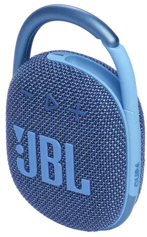 Niebieski głośnik JBL Clip 4 z uchwytem. Głośnik ma siatkową obudowę i widoczne logo JBL.