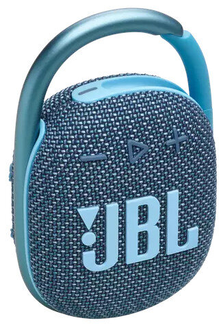 Niebiesko-szary głośnik JBL Clip z uchwytem. Logo JBL widoczne z przodu głośnika.
