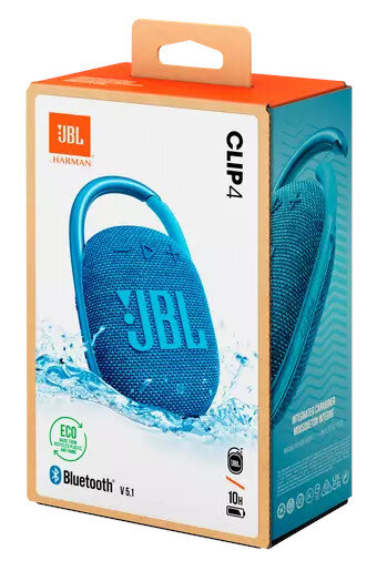 Pudełko z głośnikiem JBL, niebieski głośnik, obraz rozprysków wody, logo Bluetooth.