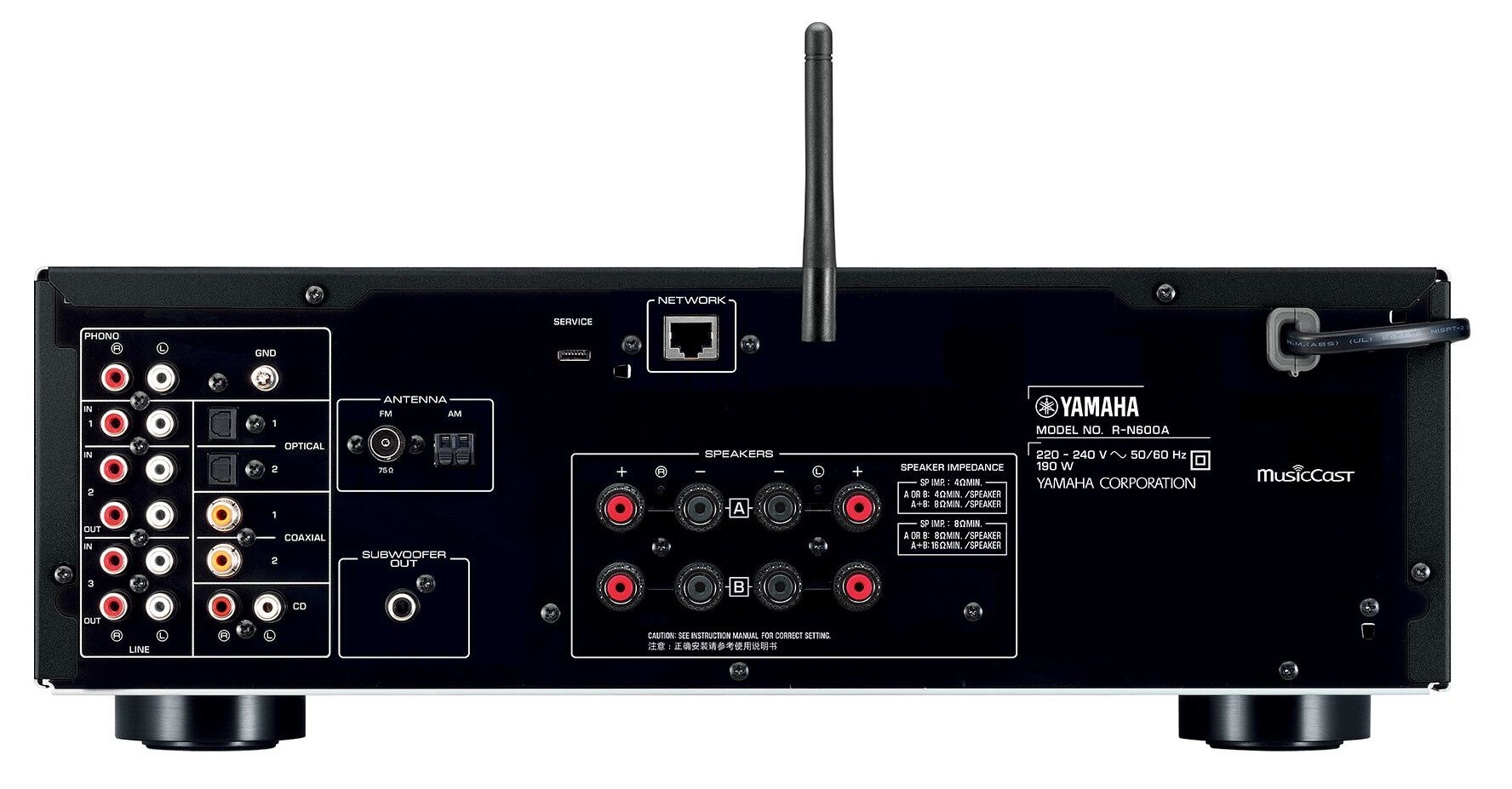 Tył odbiornika audio Yamaha z portami i etykietami.