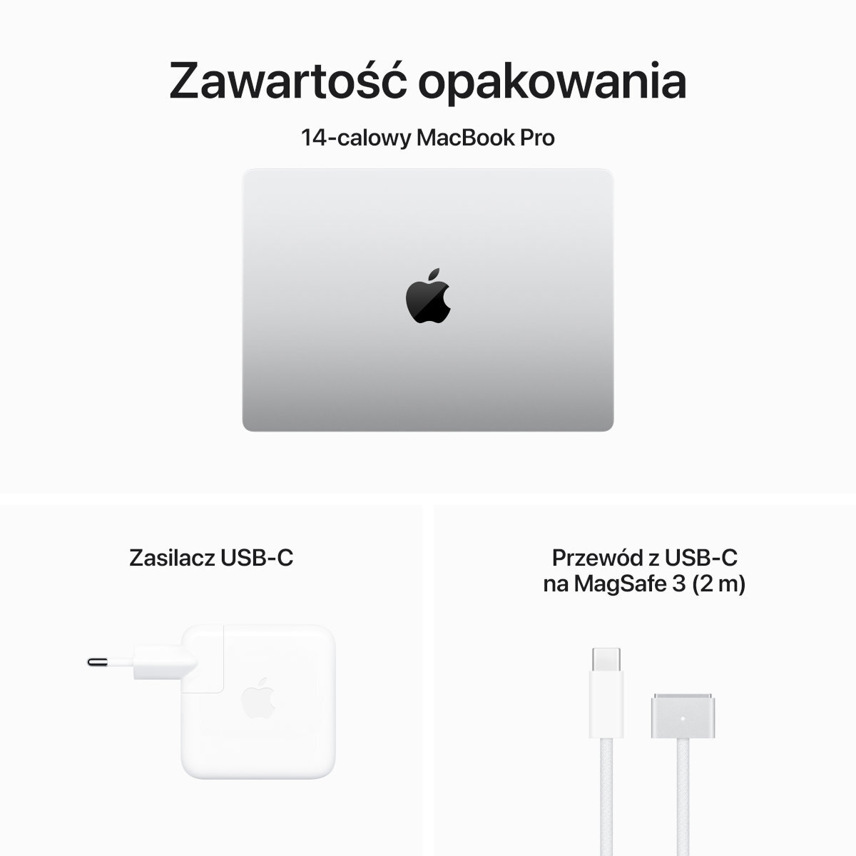 Białe pudełko z logo Apple, ładowarką USB-C i kablem USB-C do MagSafe 3 na białym tle.