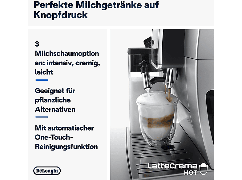 DELONGHI Dinamica Plus ECAM380.85.SB - 22 Kaffeespezialitäten, 3 Benutzerprofile, KI-Favoriten, einfache Bedienung, Kaffeevollautomat Silber/Schwarz