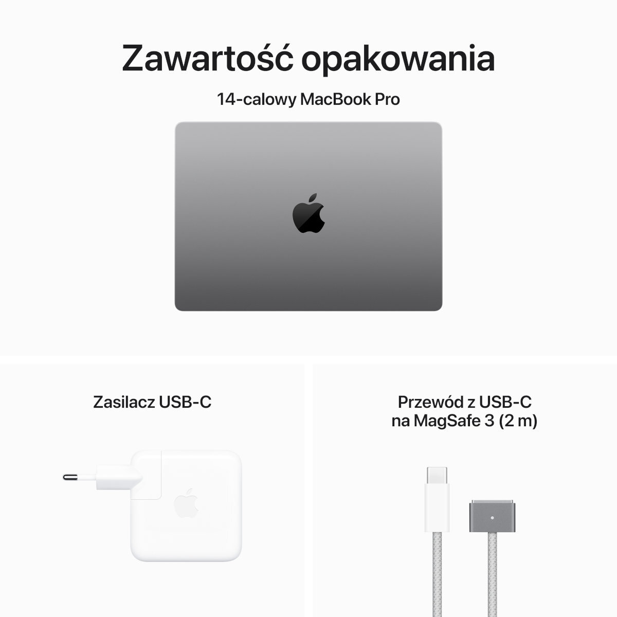 MacBook Pro, ładowarka i kabel, z włoskim tekstem, wszystko na białym tle.