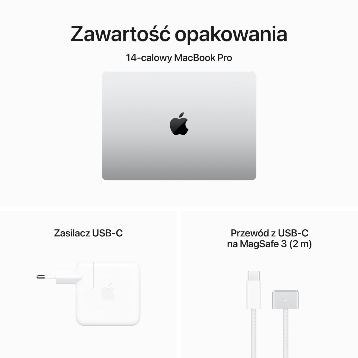 Białe tło z zamkniętym MacBookiem Pro, ładowarką i kablem USB-C do MagSafe.