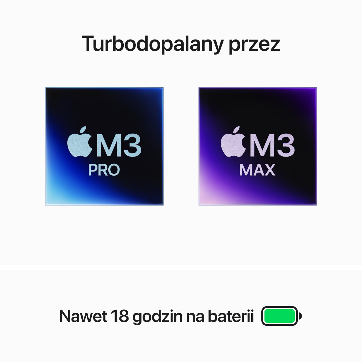 Dwa chipy Apple M3, 'M3 Pro' i 'M3 Max'. Ikona baterii na dole.