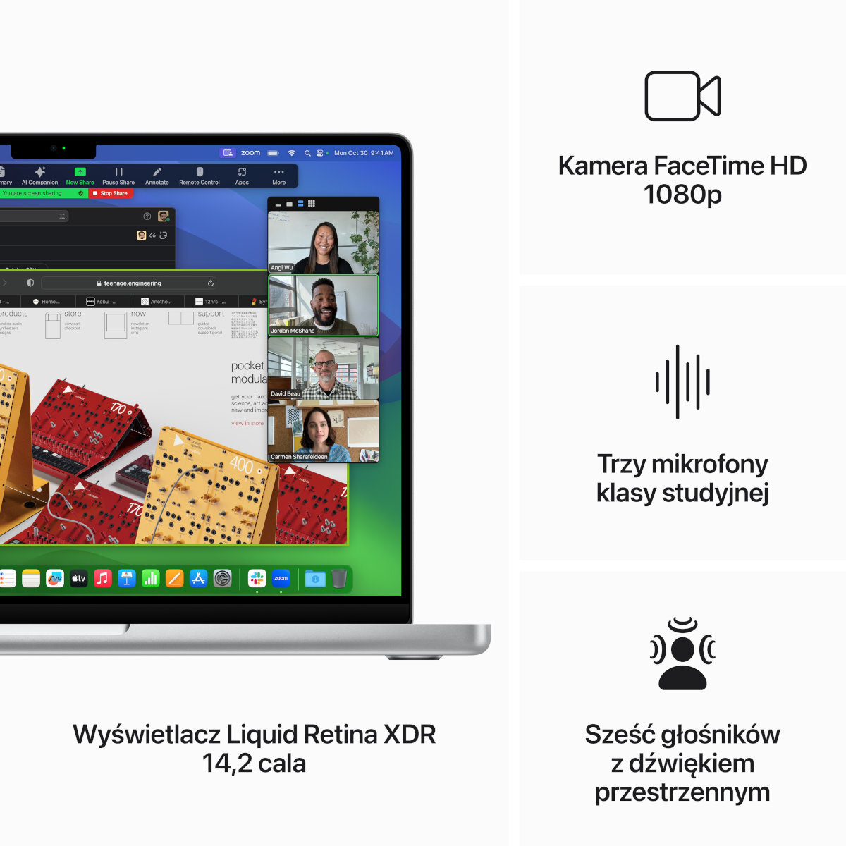 Ekran laptopa wyświetlający połączenie Zoom. Funkcje: kamera FaceTime HD, mikrofony studyjne, głośniki.