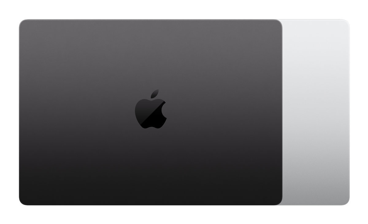 Czarny laptop z logo Apple, widok z góry, na białym tle, częściowo otwarty.