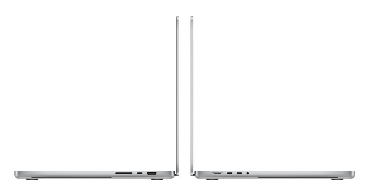 Dwa widoki z boku srebrnego laptopa, pokazujące profil, na białym tle.