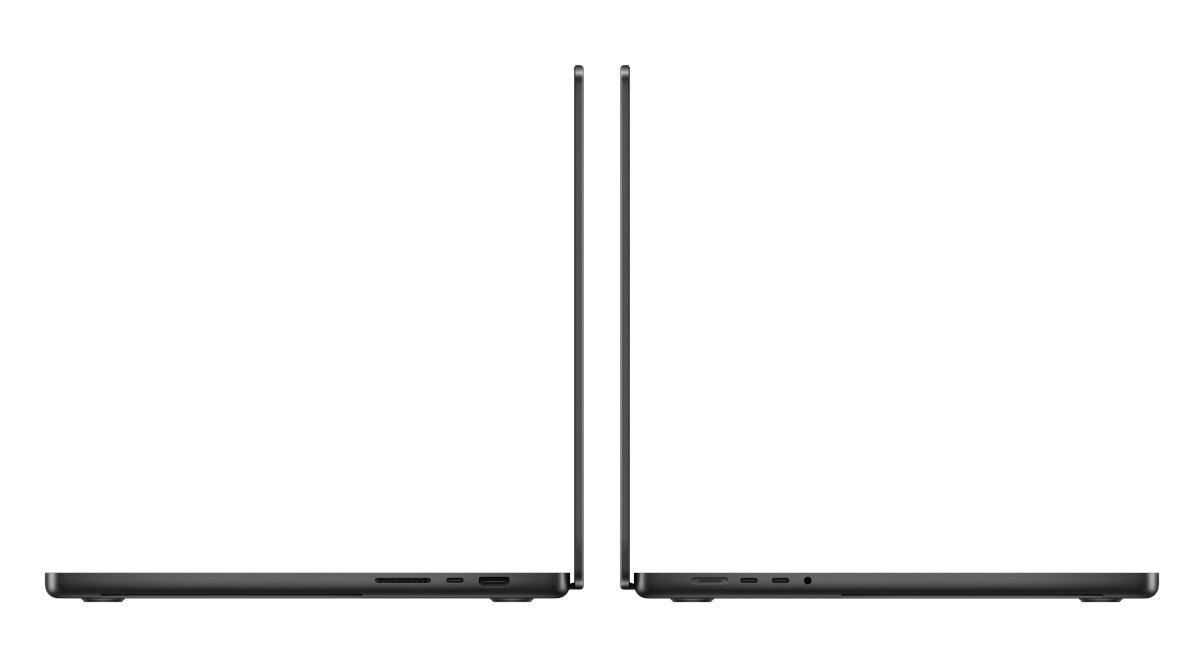 Dwa czarne laptopy obok siebie, pokazujące porty i widok z boku.