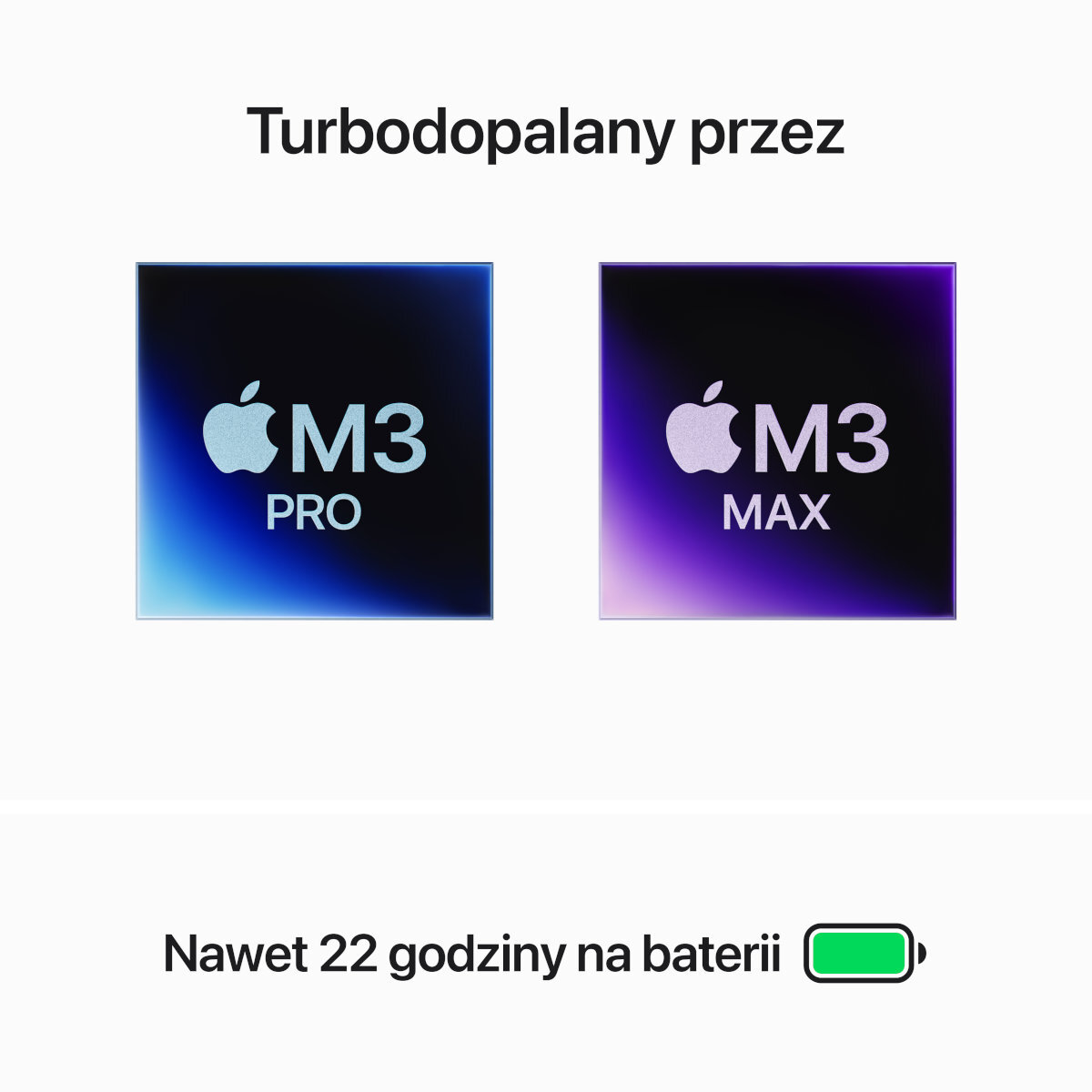 Dwa chipy, M3 Pro i M3 Max, z ikoną baterii pokazującą 22 godziny pracy.