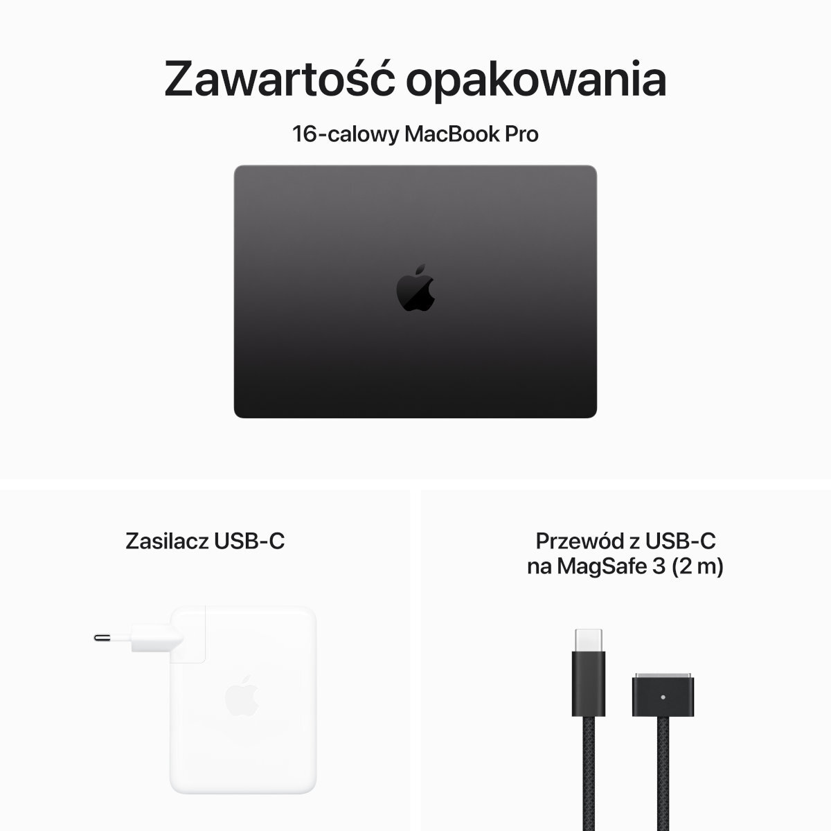 Czarny MacBook Pro z ładowarką i kablem na białym tle, zawartość opakowania.