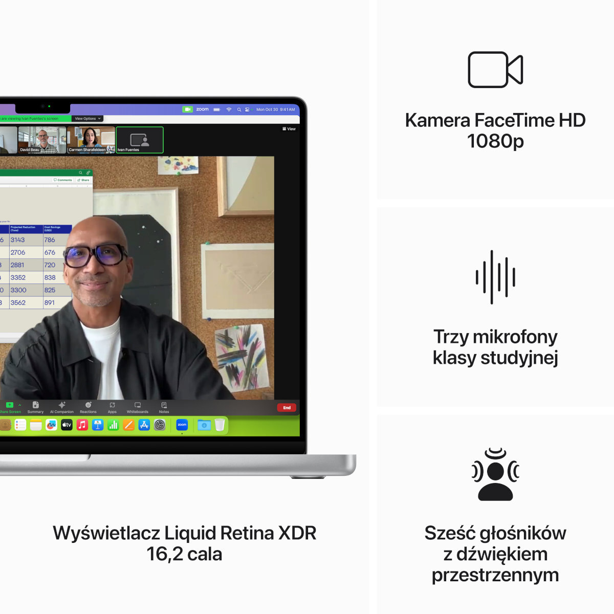 Ekran laptopa wyświetlający połączenie Zoom. Funkcje: kamera FaceTime HD, mikrofony studyjne, głośniki.