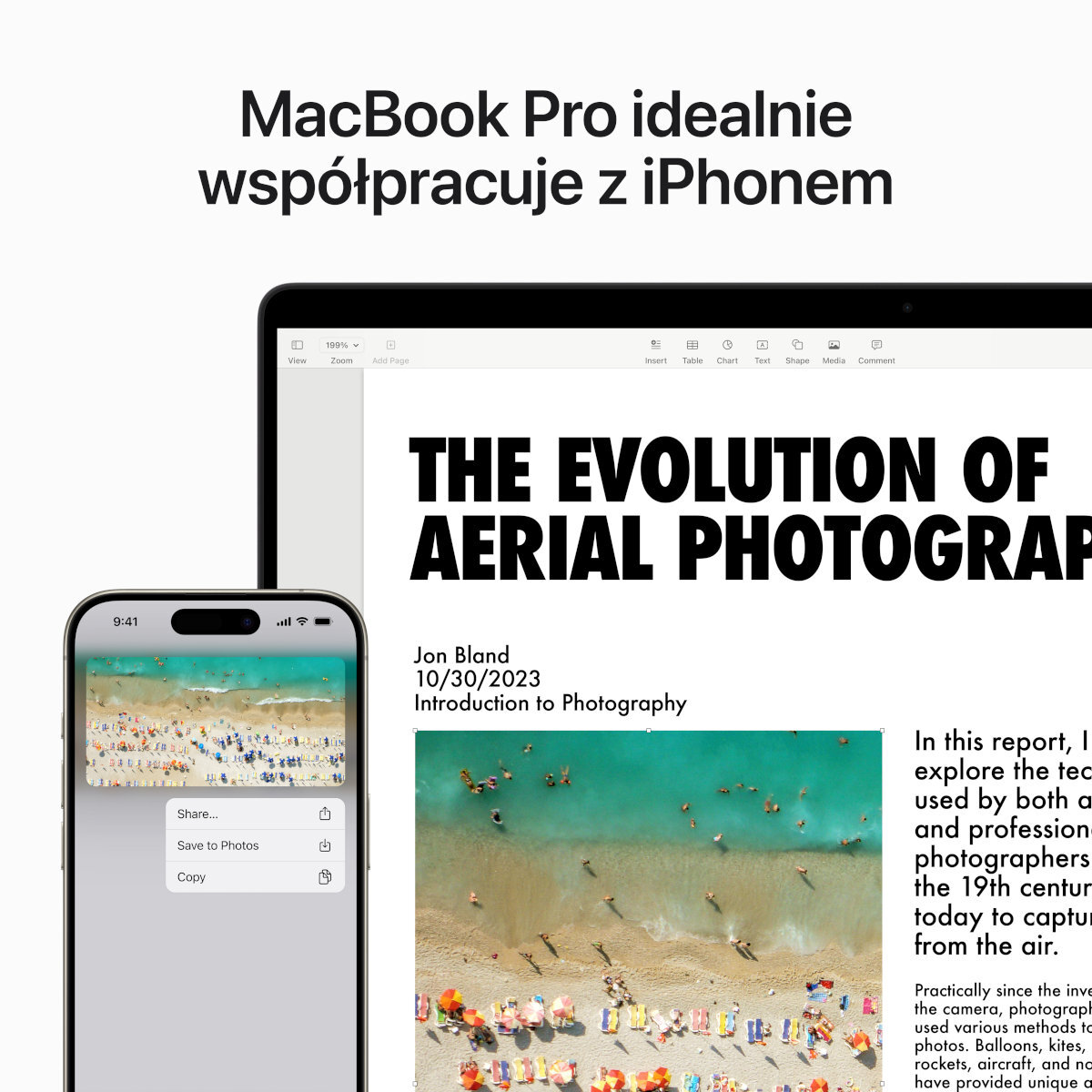 iPhone pokazujący zdjęcia z plaży obok ekranu laptopa z dokumentem o fotografii lotniczej.