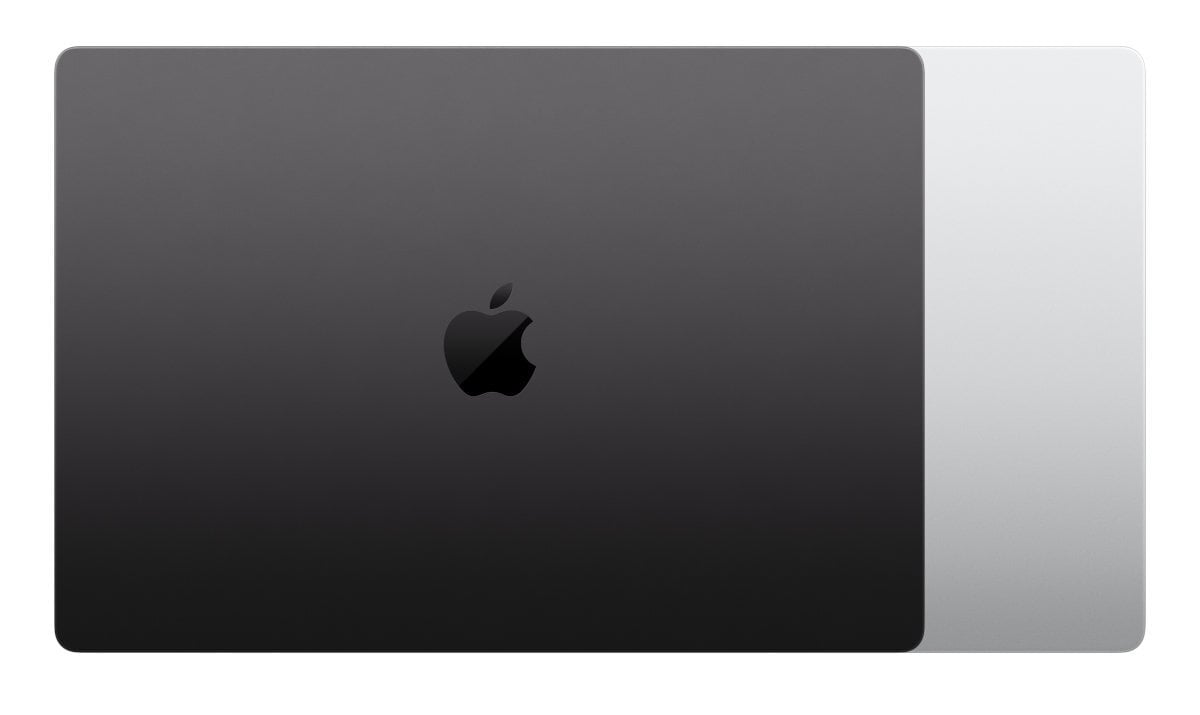 Czarny laptop z góry, logo Apple. Srebrny tył częściowo widoczny. Białe tło.