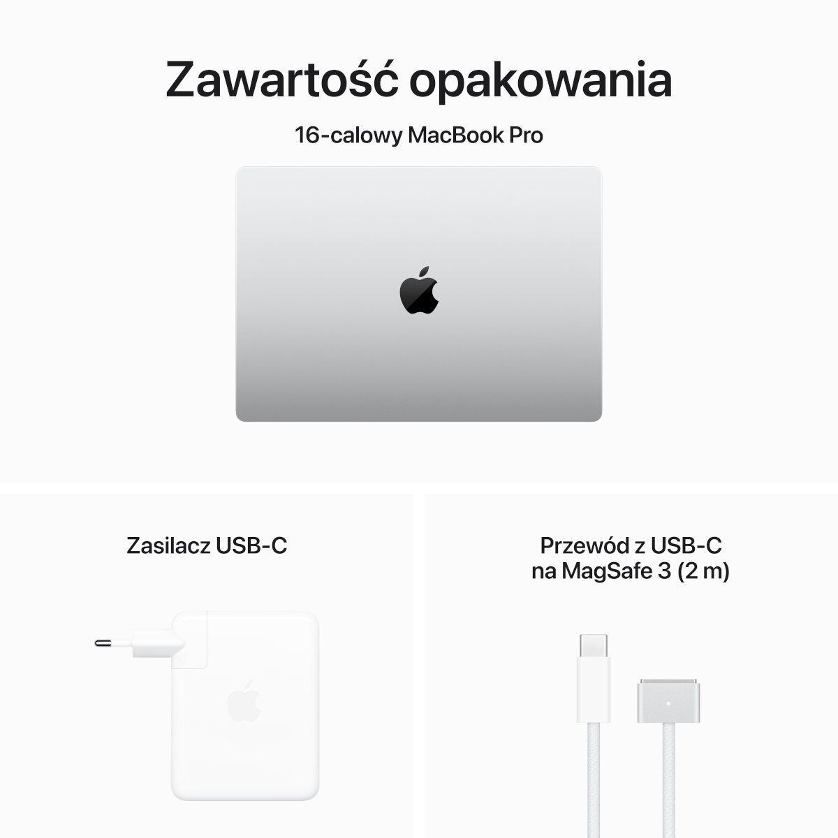 Obraz MacBook Pro i ładowarki. Zawiera laptopa, ładowarkę USB-C i kabel USB-C do MagSafe.