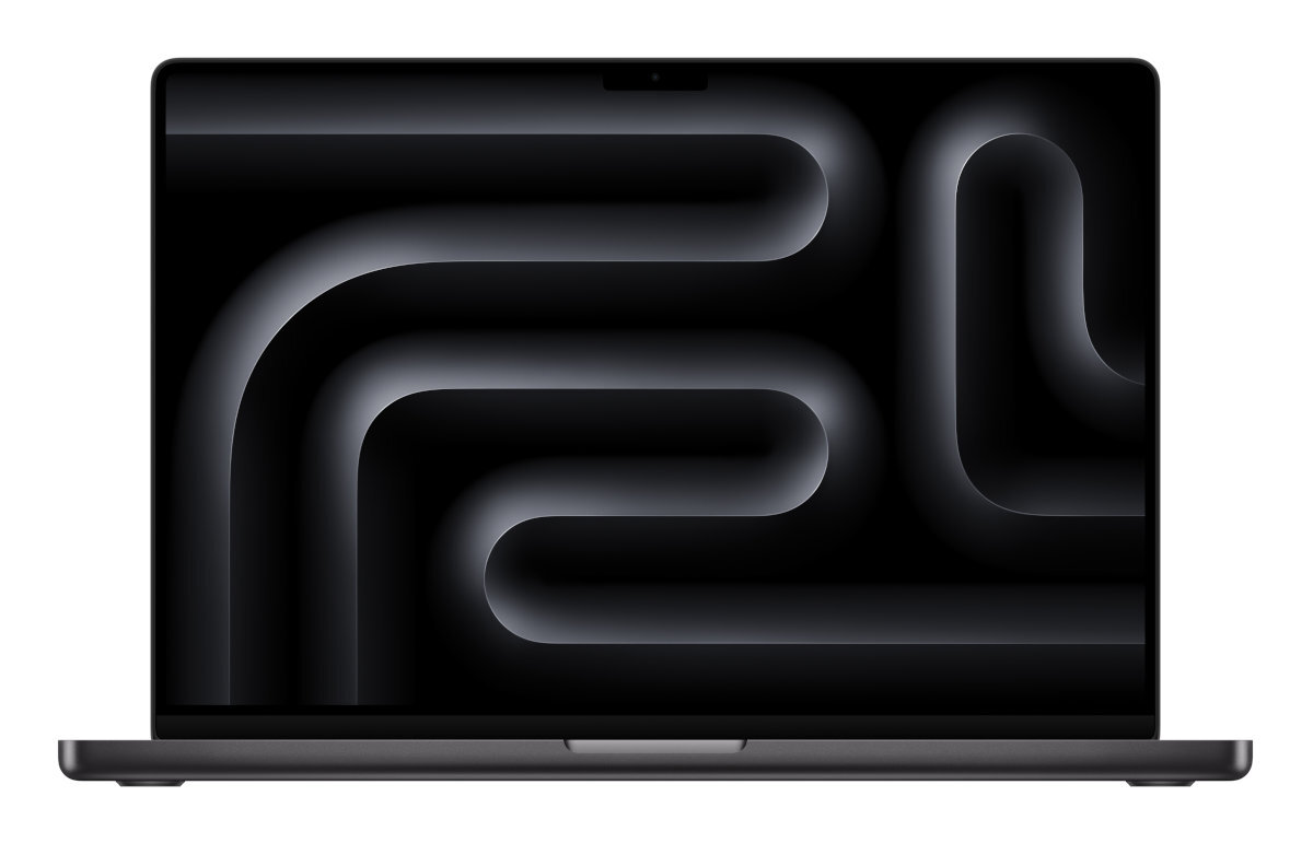 Ciemnoszary laptop z czarnym ekranem wyświetlającym falisty, szary wzór na białym tle.