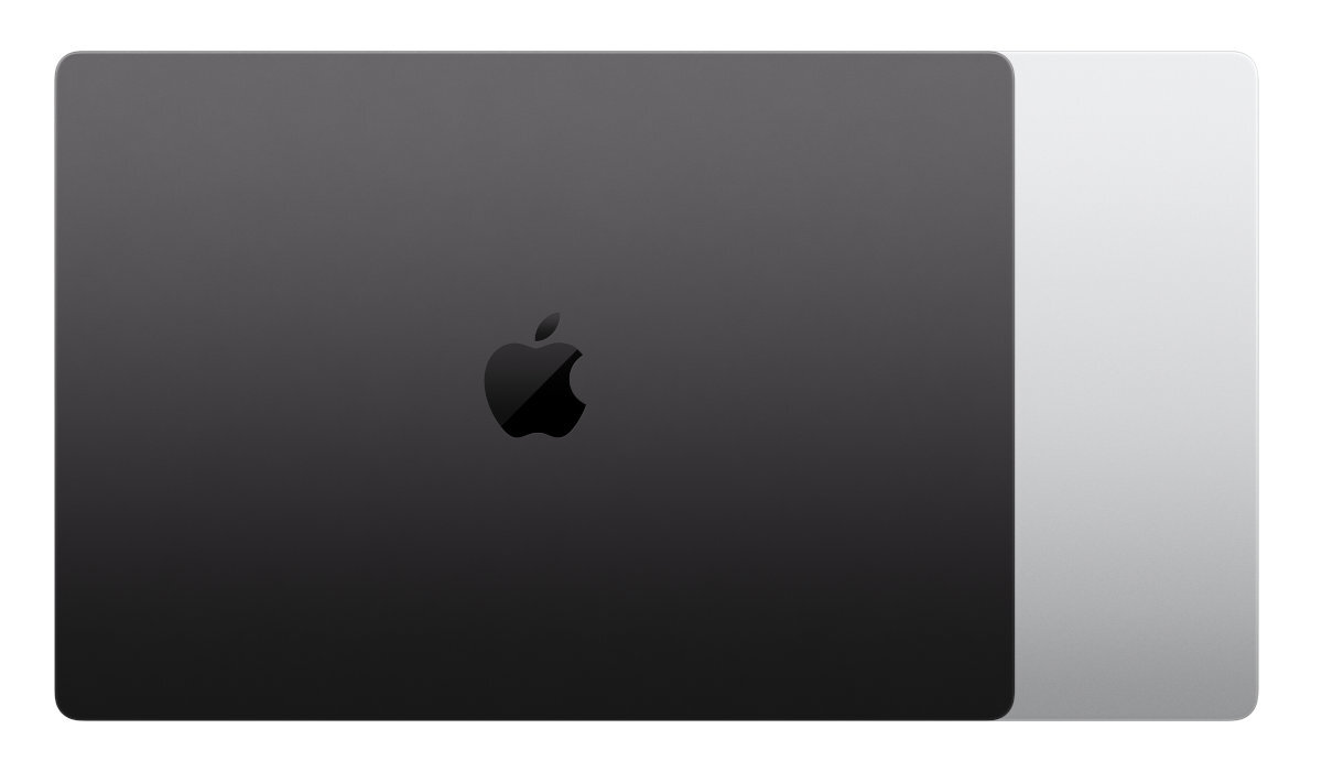Zamknięty ciemnoszary MacBook Pro z logo Apple na białej powierzchni.