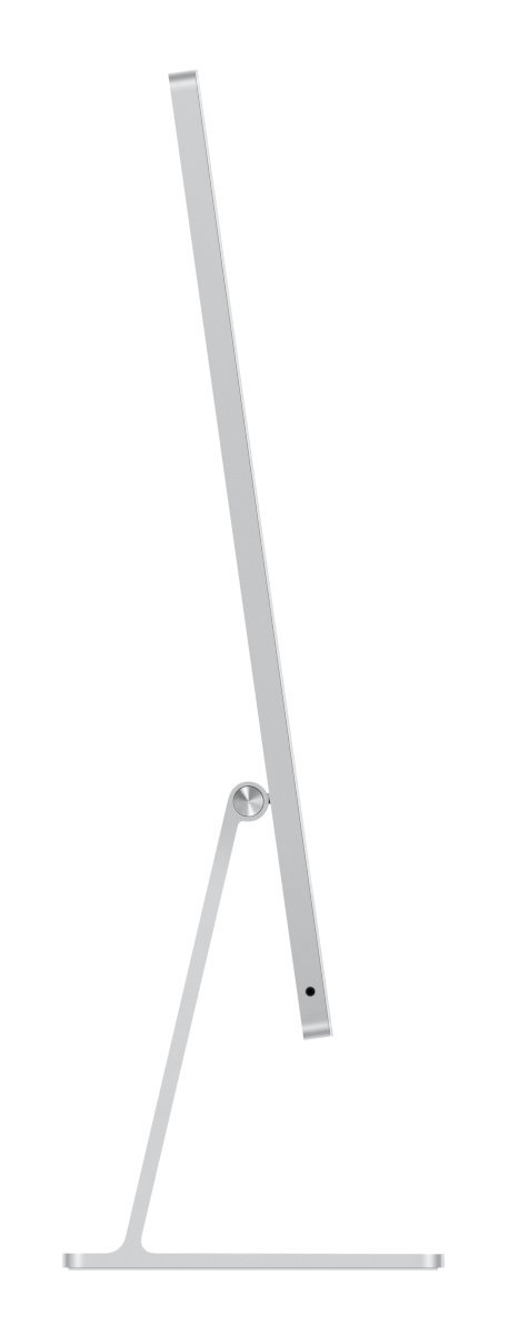 Srebrny monitor komputera, widoczny z boku. To smukła konstrukcja, ze stojakiem i kropką kamery.