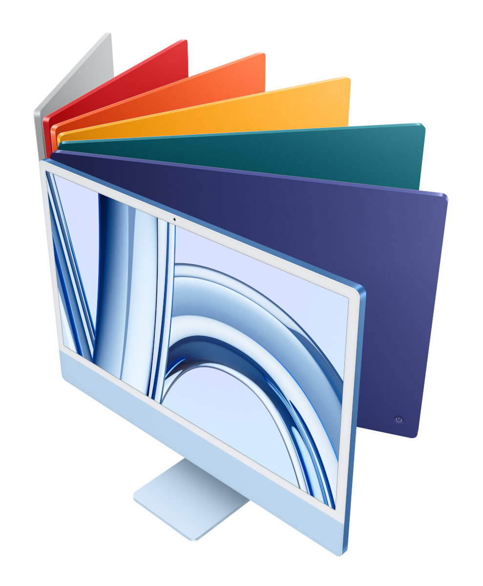 iMac Apple z białą ramką i gamą kolorowych paneli tylnych.