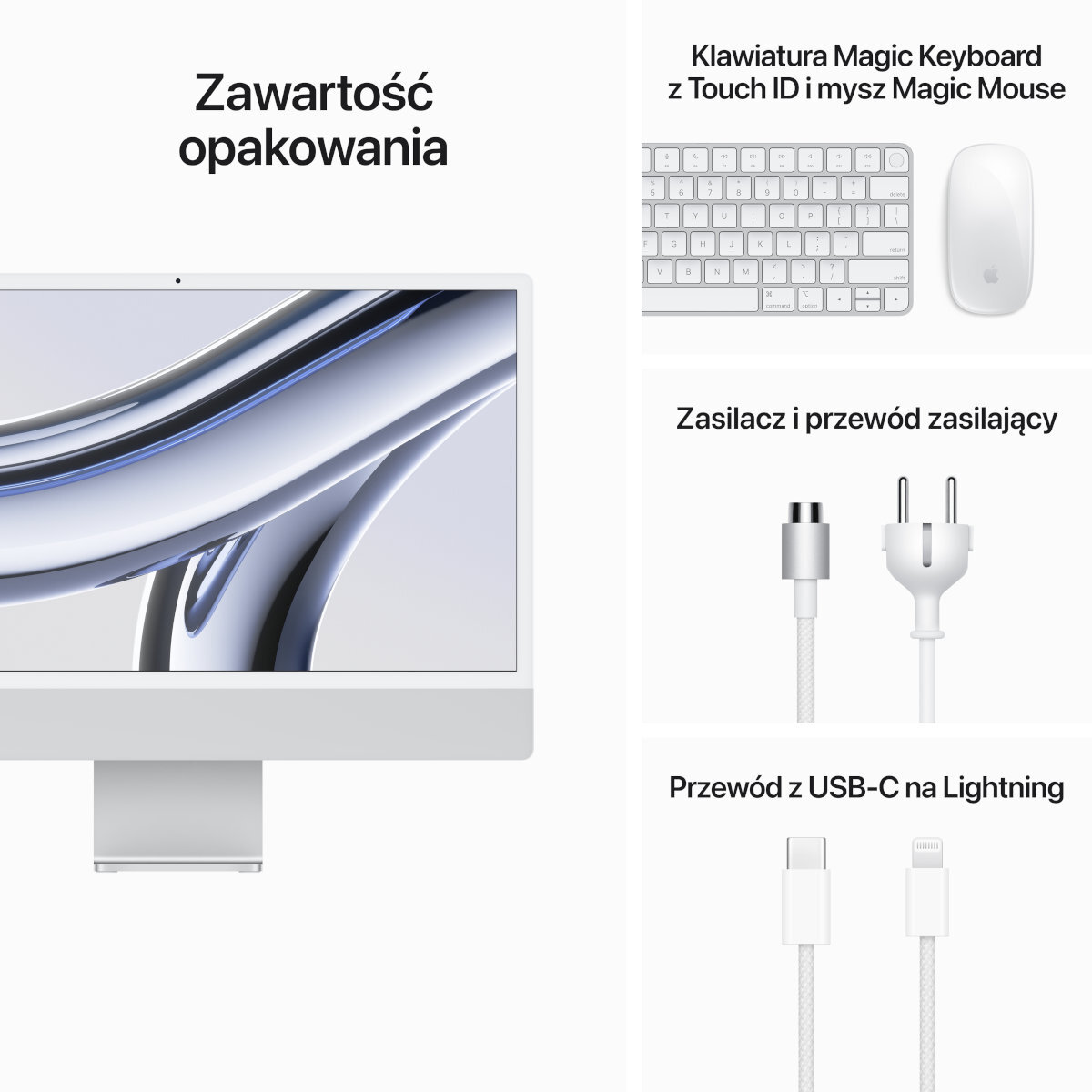 Apple iMac z klawiaturą Magic Keyboard, myszą Magic Mouse, ładowarką i kablem USB-C do Lightning.