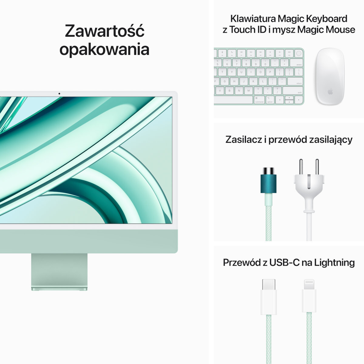 iMac z klawiaturą, myszą i kablami zasilającymi. Ekran jest jasnozielony.