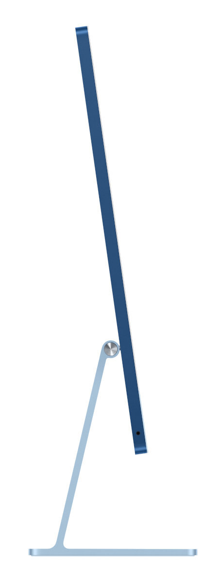 Widok z boku niebieskiego iMaca ze srebrną podstawą i białym tłem.