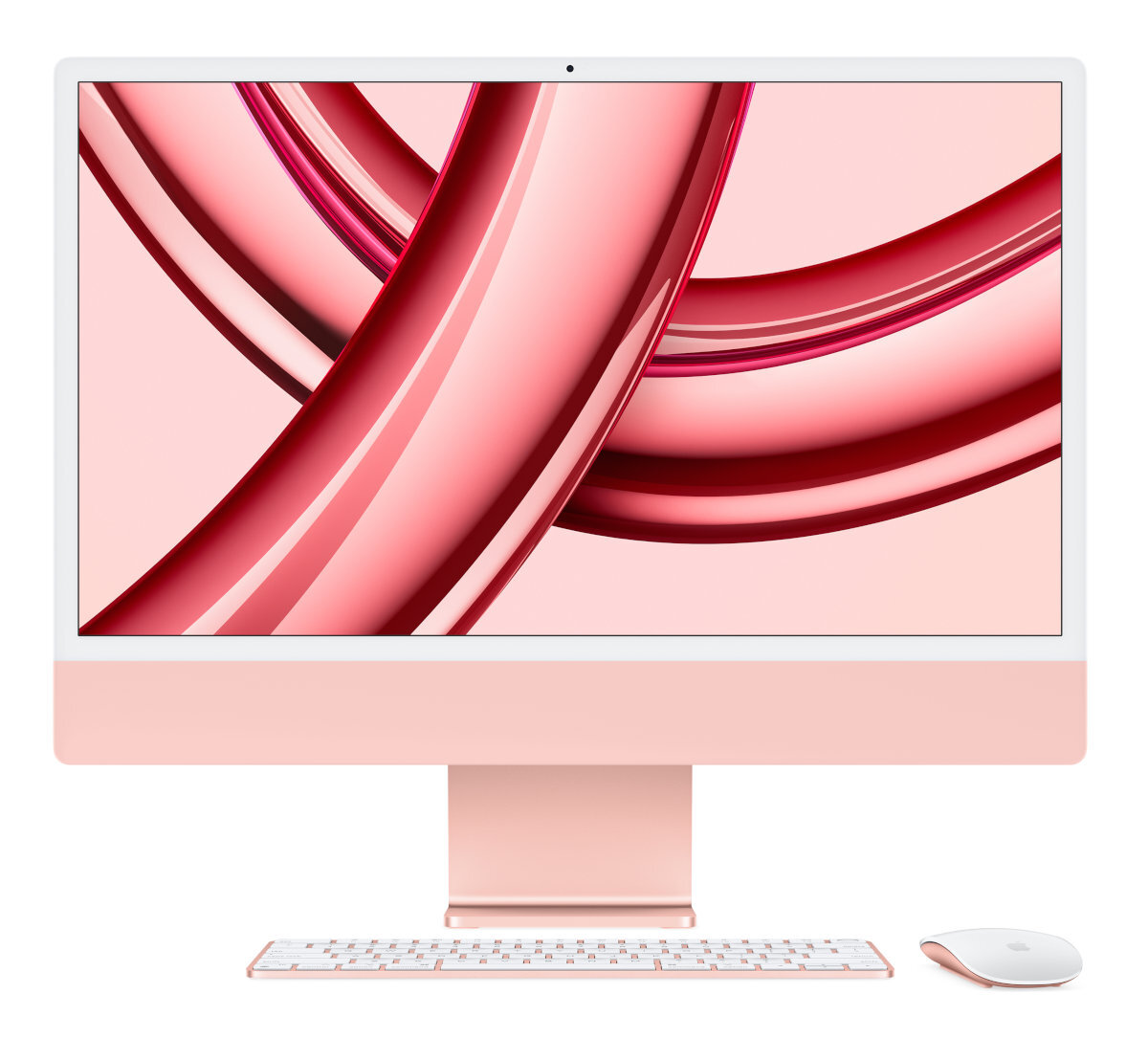 Różowy iMac z białą obwódką, klawiaturą i myszką na białym tle z czerwoną grafiką.