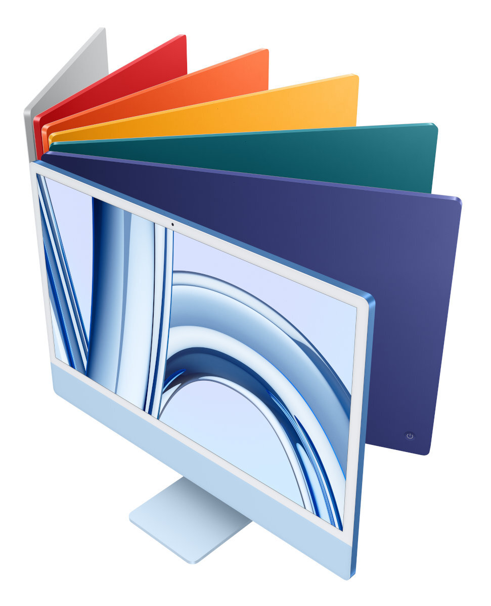 iMac z wieloma kolorowymi tyłami, ekran wyświetla niebiesko-biały wzór.
