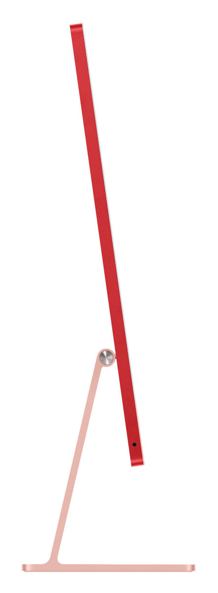 Widok z boku czerwonego komputera iMac na różowej podstawie i stojaku.