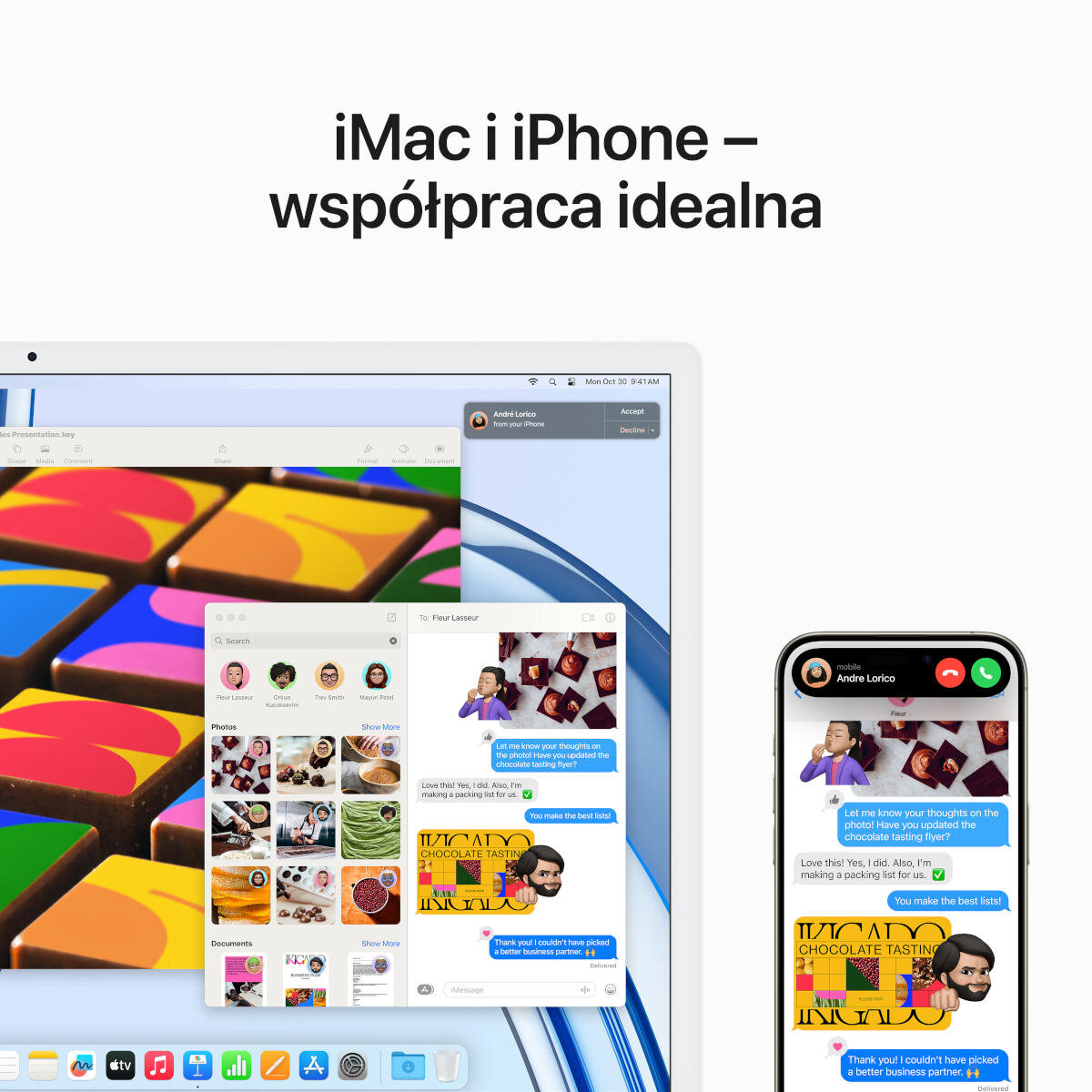 iMac i iPhone pokazujące współpracę z wiadomościami tekstowymi i dokumentami.