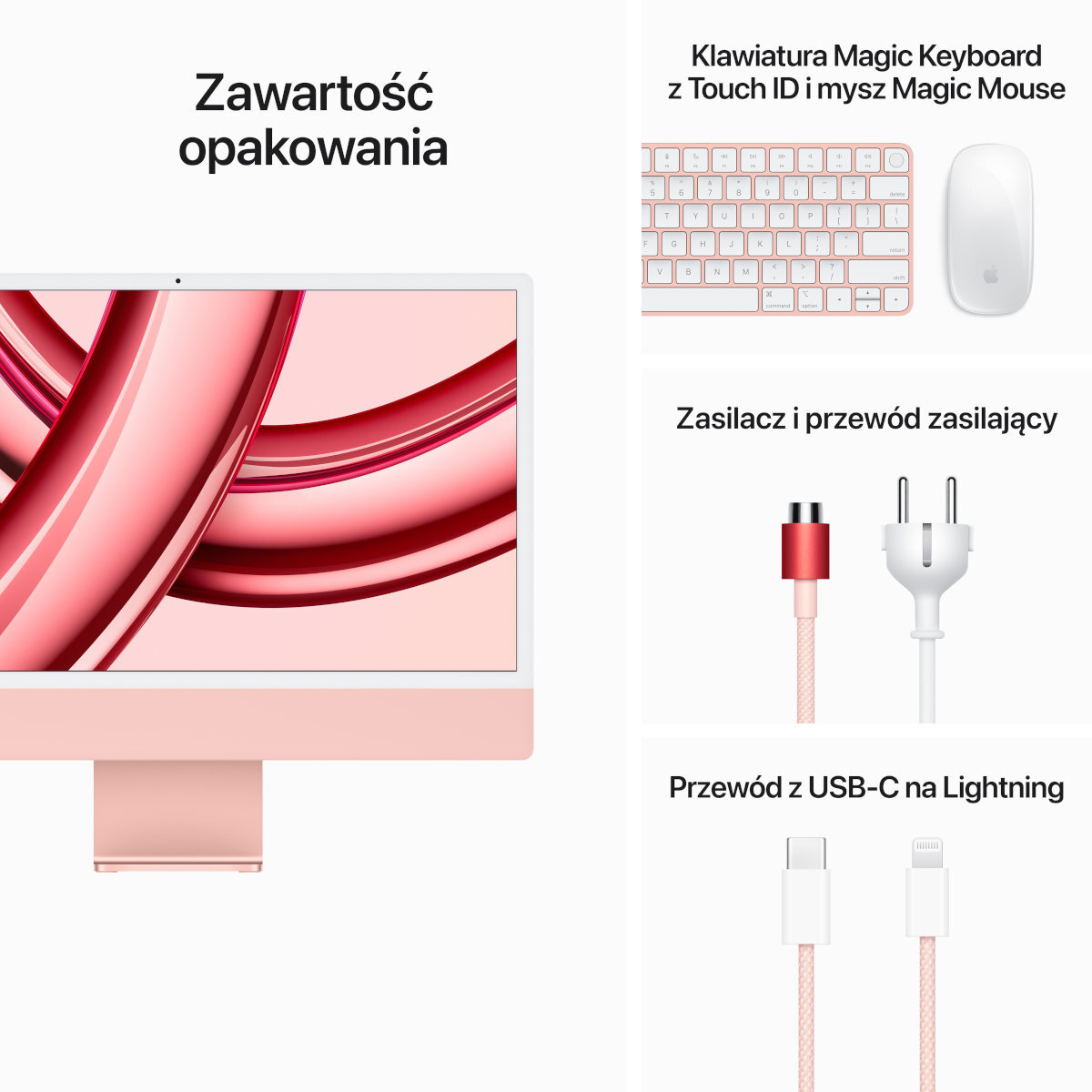 Różowy iMac z klawiaturą, myszą, zasilaczem i kablem USB-C. Zawartość opakowania.