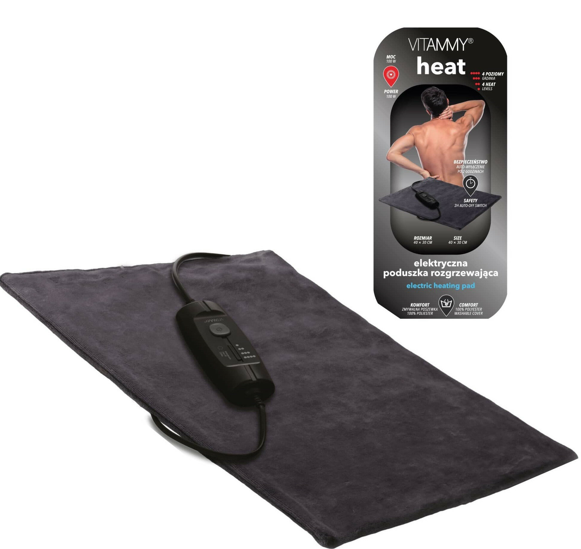 Czarna poduszka grzewcza i panel sterowania. Poduszka znajduje się na białym tle.