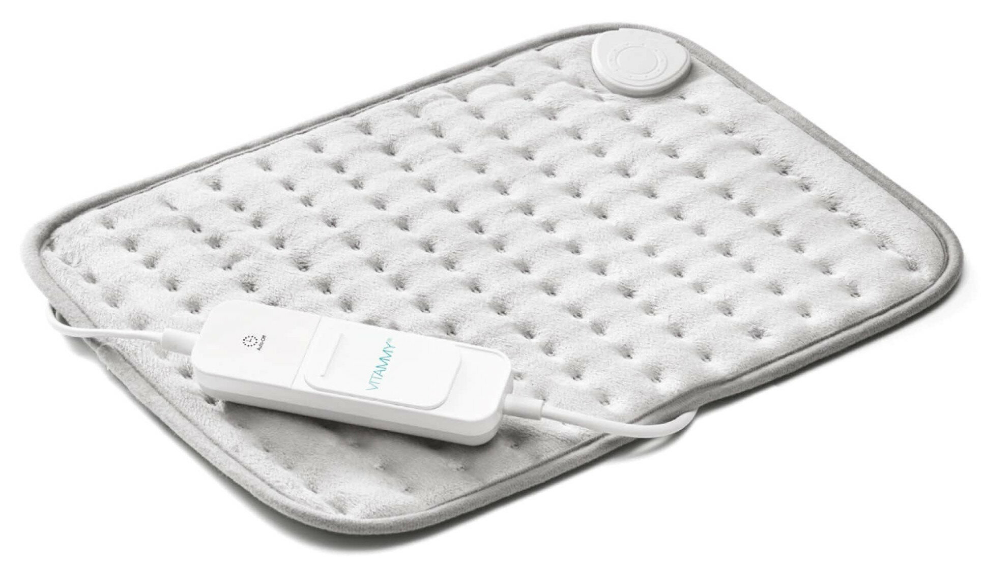 Biało-szara poduszka grzewcza z kontrolerem i białym przewodem.